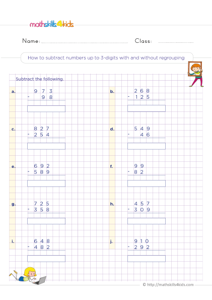 Subtraction Worksheets for Grade 3 Pdf with answers - How to subtract numbers up to 3 digit with and without regrouping