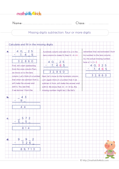 Mental Math Strategies for Subtraction Grade 3 - missing digits subtration four or more digits