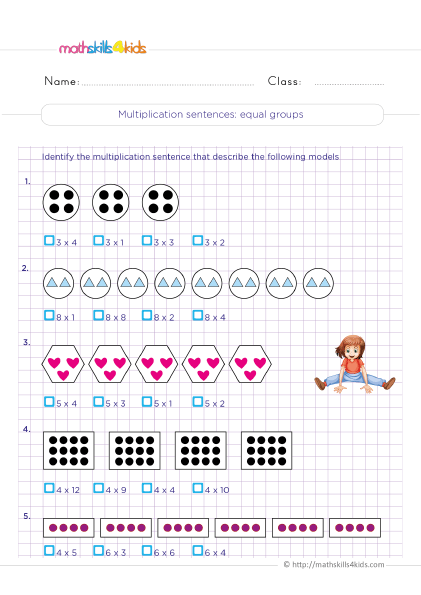 Multiplication Activities for Class 3 with Answers with answers - Write multiplication sentence from equal groups