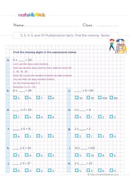Building Multiplication Fact Fluency in Grade 3 - Find the missing factor: times 2 3 4 5 and 10