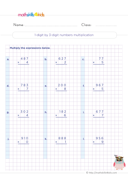 Multiplication Worksheets Grade 3 Pdf with answers - 1 digit by 3 digit numbers multiplication
