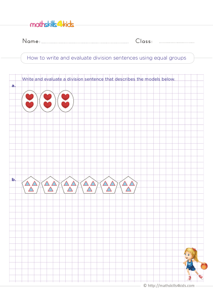Division Activities for Grade 3 with answers - How to write and evaluate division sentences using equal groups
