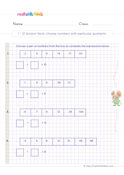 Division Sums for Class 3 with Answers - How do you choose numbers with a particular quotient