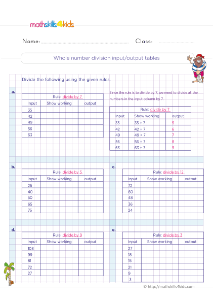 Division Worksheets for Grade 3 with answers - Whole number division input output tables