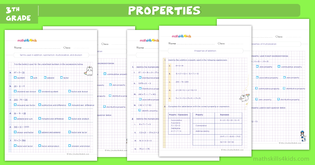 3rd Grade Math worksheets - properties