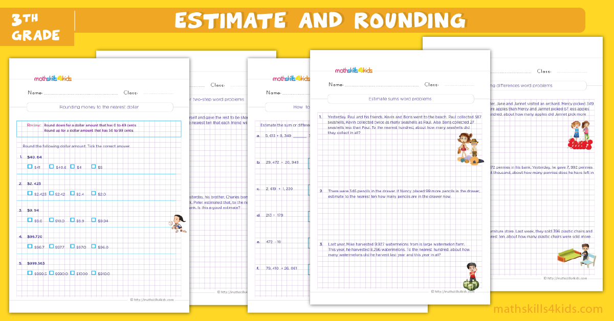 3rd Grade Math worksheets - estimate and rounding
