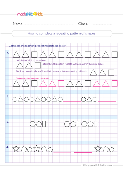 Pattern Worksheets for Grade 3 Pdf with answers - Completing a repeating pattern of shapes
