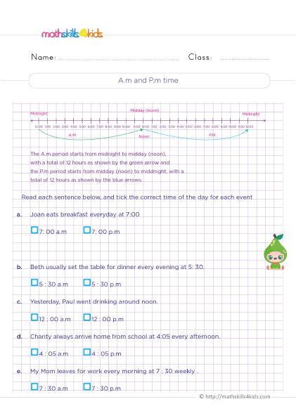 Telling Time Worksheets Grade 3 Pdf with answers - Understand AM and PM time