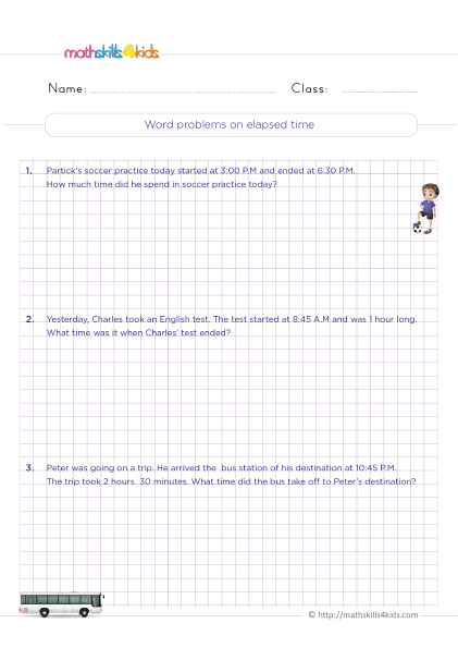 Telling Time Worksheets Grade 3 Pdf with answers - Solving word problems on elapsed time