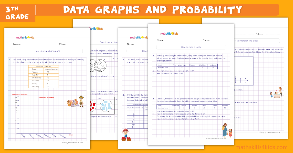 3rd Grade Math worksheets - data graph and probability for third grade