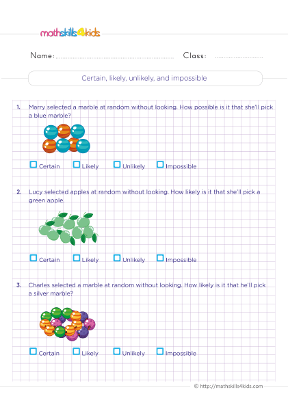 Data management and probability grade 3 worksheets - Certain likely unlikely impossible