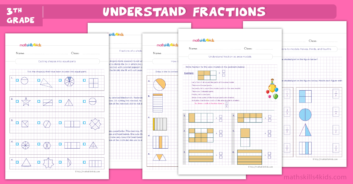 Fractions worksheets grade 3 with answers - Area models for fractions