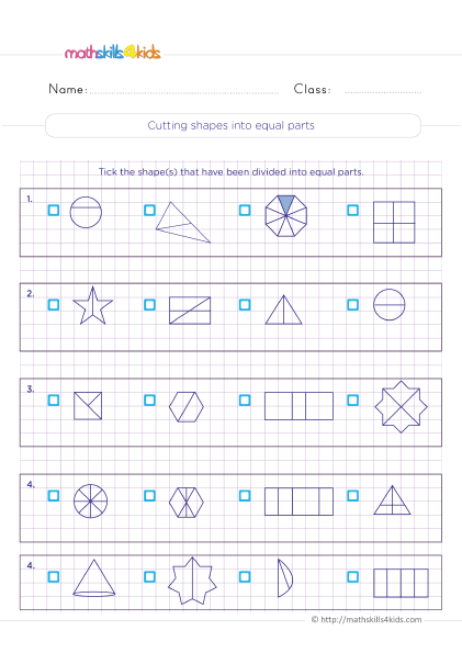 Fractions worksheets grade 3 with answers with answers - cutting shapes into equal parts