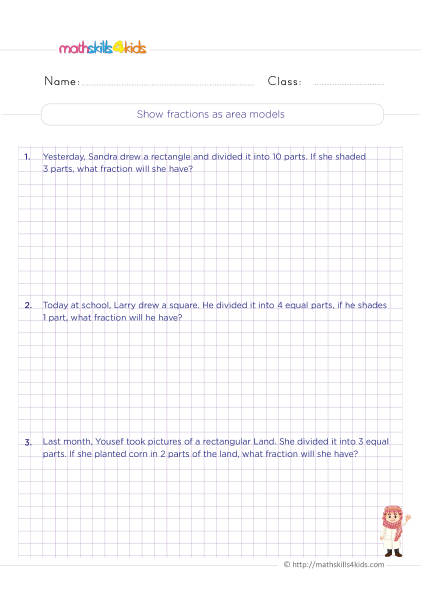 Fractions worksheets grade 3 with answers with answers - Showing fractions as area models word problems