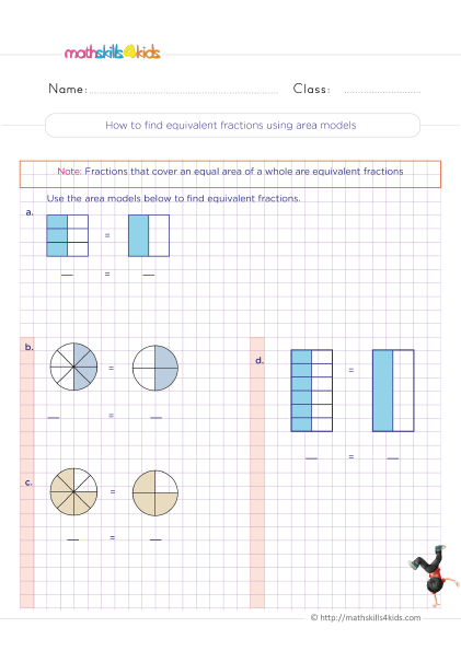 Equivalent Fractions Worksheet Grade 3 with answers - How to find equivalent fractions using area models