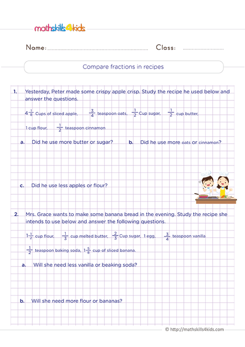 Comparing and Ordering Fractions 3rd Grade with answers - Comparing fractions in recipes practice