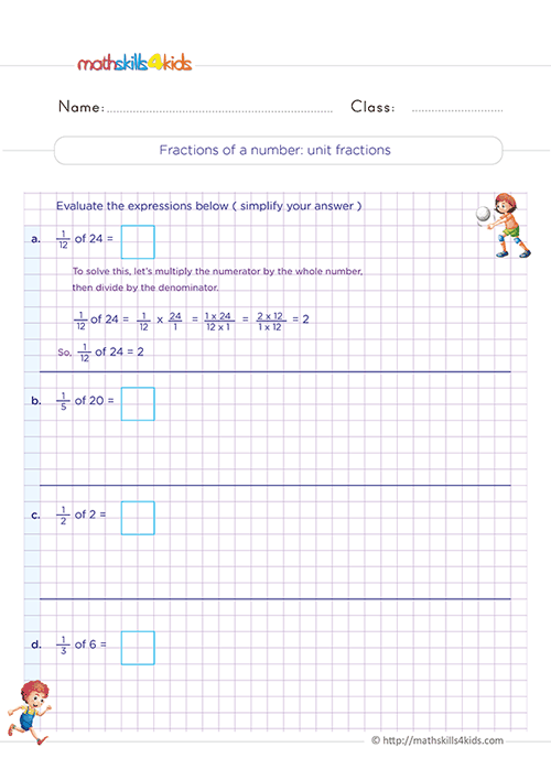 Free printable 3rd Grade fractions worksheets for math practice - Fractions of a number - unit fractions