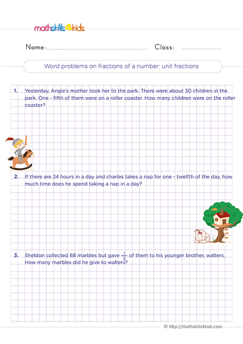 Grade 3 Fractions Worksheets with answers - Word problems on fractions of a number - unit fraction