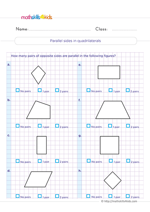 Triangles and quadrilaterals: Grade 3 free printable worksheets - Parallel sides in quadrilaterals