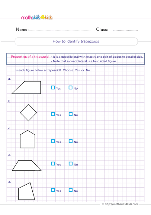 Triangles and quadrilaterals: Grade 3 free printable worksheets - Identifying trapezoids