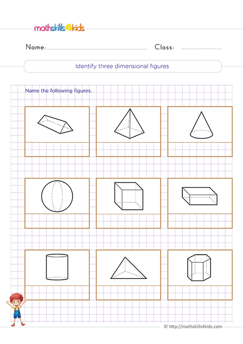 Free printable 3rd Grade worksheets for practicing 3D shapes