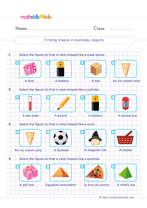 how to find 3D shapes on everyday objects worksheets pdf