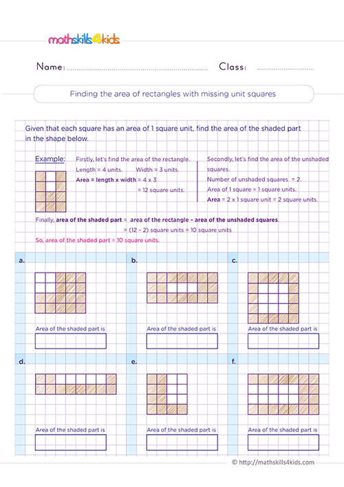 finding the area of rectangles with missing unit squares worksheets pdf for grade 3