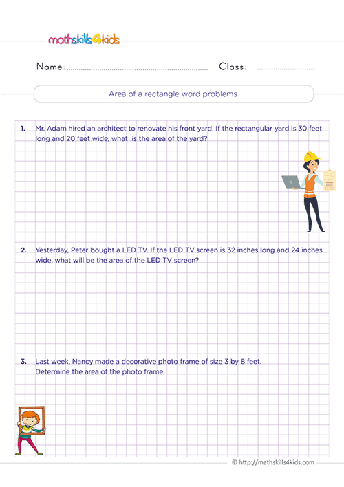 area of a rectangle word problems worksheets pdf for grade 3 - Area and Perimeter Worksheets Grade 3
