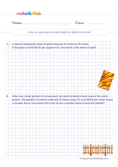 Area and Perimeter Worksheets Grade 3 - use area and perimeter to determine cost worksheets pdf