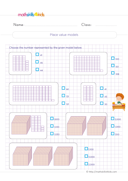 4th Grade number sense worksheets with answers - Place value models relationships practice