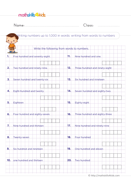 4th Grade number sense worksheets with answers - Writing numbers up to 1000 in words