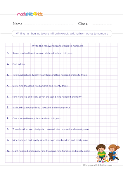 4th Grade number sense worksheets with answers - How to write numbers up to one million in words