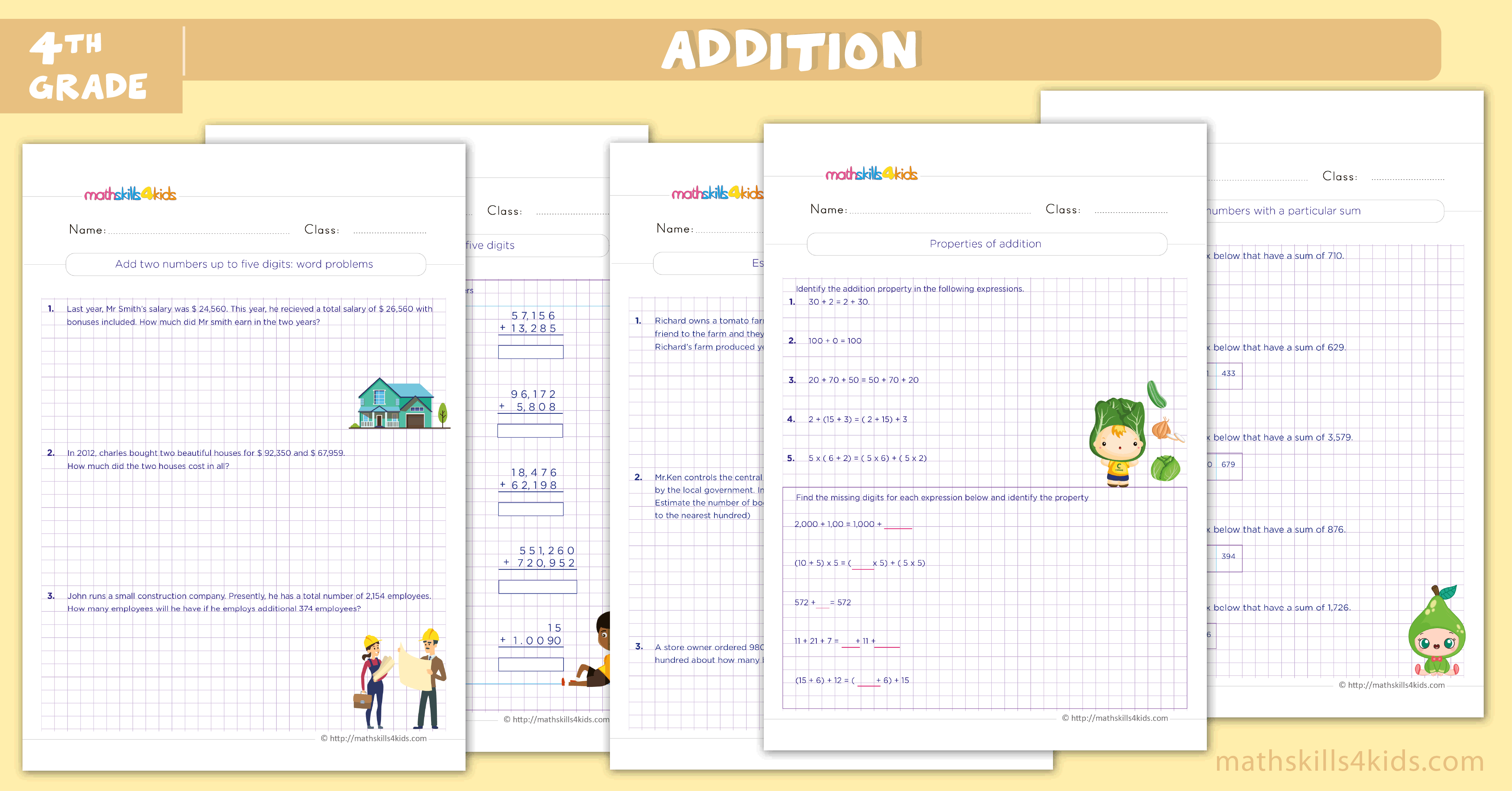Addition Worksheets for Grade 4 PDF - Addition Sums for Class 4 with Answers