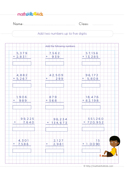 Engaging and educational free printable 4th Grade addition worksheets - Add two numbers up to 5-digit