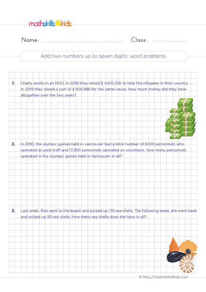 Addition Worksheets for Grade 4 PDF with answers - Add two numbers up to 7-digit word problems practice