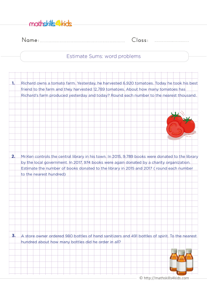 Addition Worksheets for Grade 4 PDF with answers - How to solve estimate sums word problems