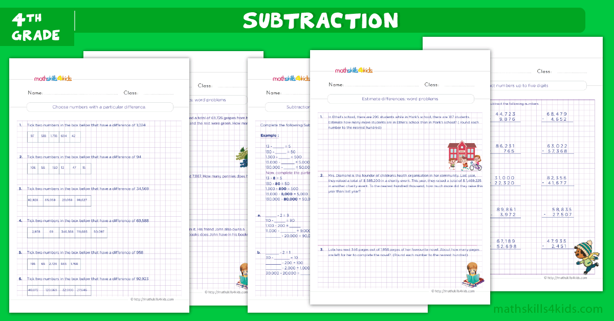 Subtraction Worksheets for Grade 4 PDF - Subtraction Sums for Class 4 with Answers