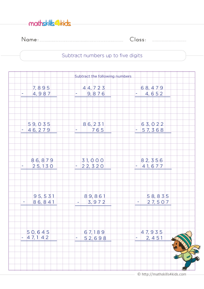 Subtraction math strategies worksheets PDF with answers - Subtract numbers up to five digit practice