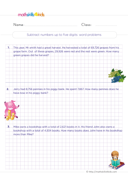 Subtraction Worksheets for Grade 4 PDF with answers - Subtraction of numbers up to 5-digit word problems