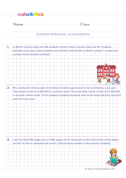Subtraction Worksheets for Grade 4 PDF with answers - Practice estimating differences word problems