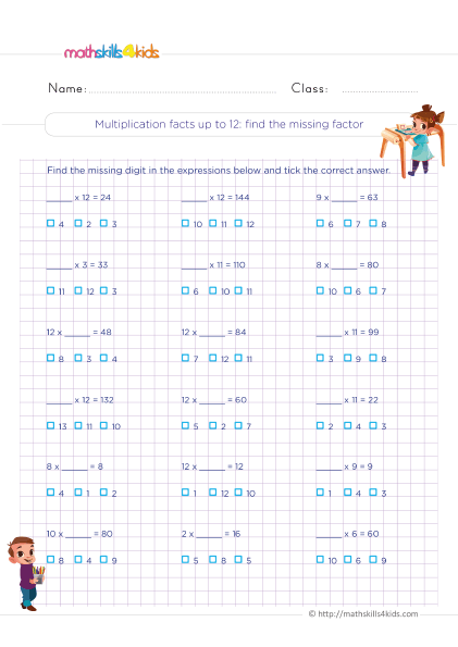 Multiplication Worksheets Grade 4 printable with answers - Multiplication facts to 12 - Find the missing factor
