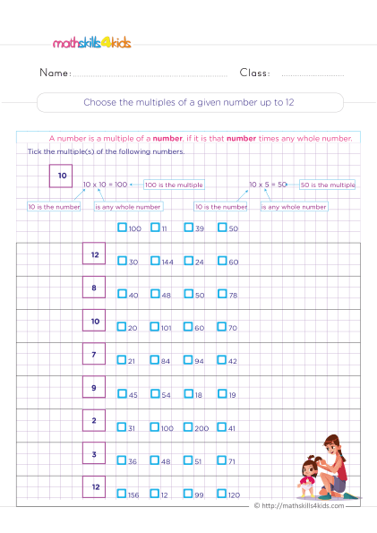 multiplication Free Printables Resources with answers - Choosing the multiple of a given number up to 12