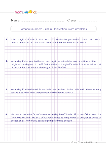 4th Grade multiplication worksheets with answers - Compare numbers using multiplication word problems