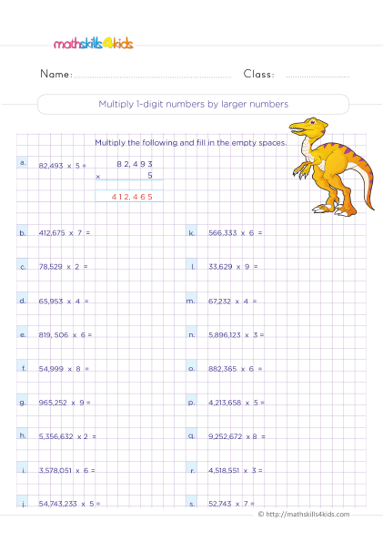 Multiplication Worksheets Grade 4 printable with answers - How to multiply 1-digit by large digit numbers