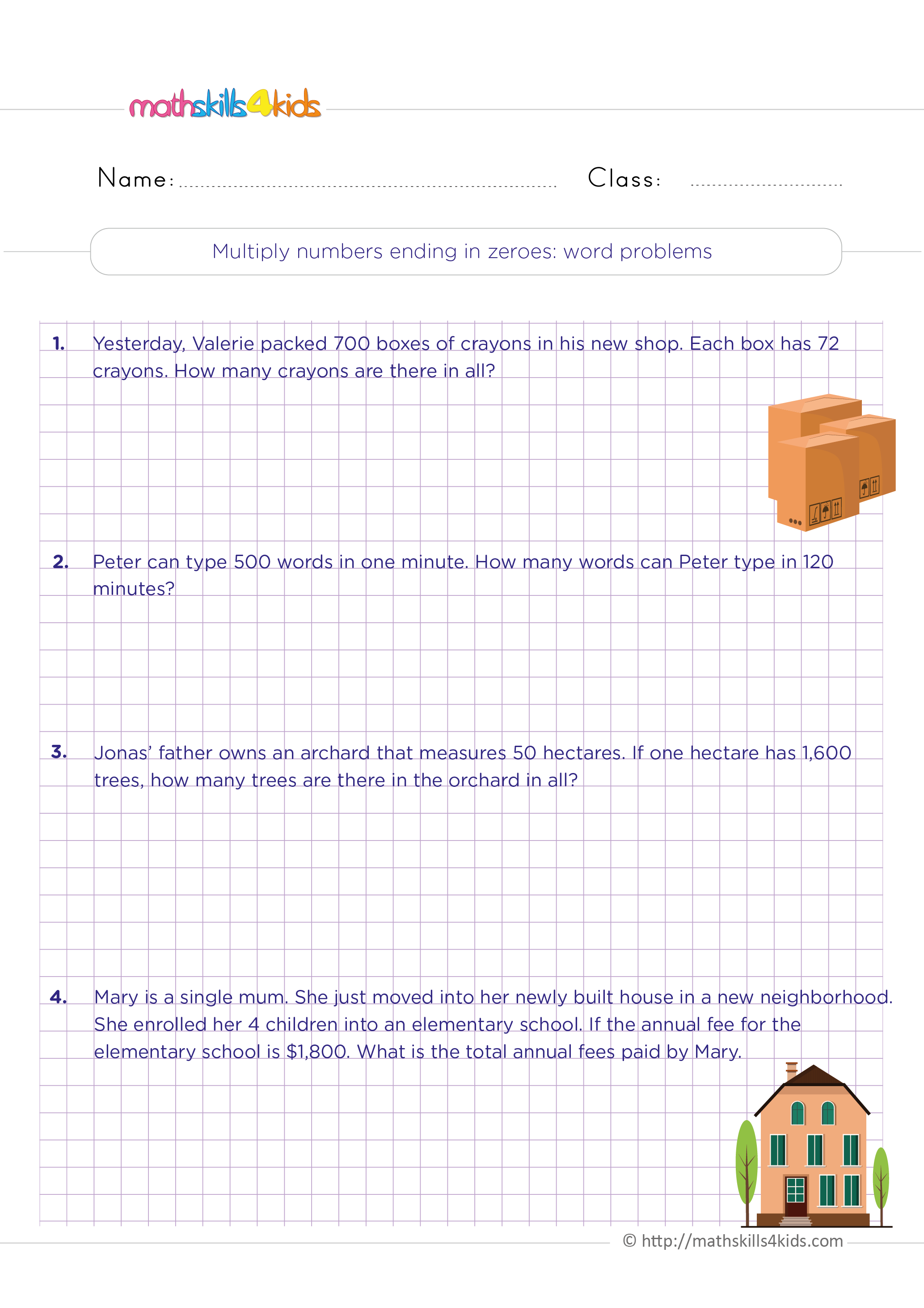 4th Grade multiplication worksheets with answers - Multiplying numbers ending with zeros word problems