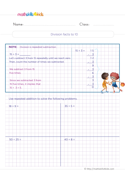 4th Grade Division Worksheets with answers - Understand division facts up to 10