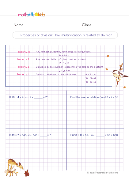 Free printable 4th Grade division worksheets for math practice - How multiplication is related to division
