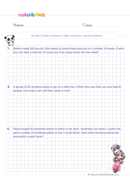 4th Grade Division Worksheets with answers - Divide 2-digit by 1-digit number word problems