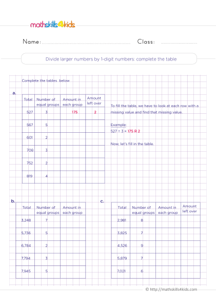 4th Grade Division Worksheets with answers - Dividing large numbers by 1-digit numbers