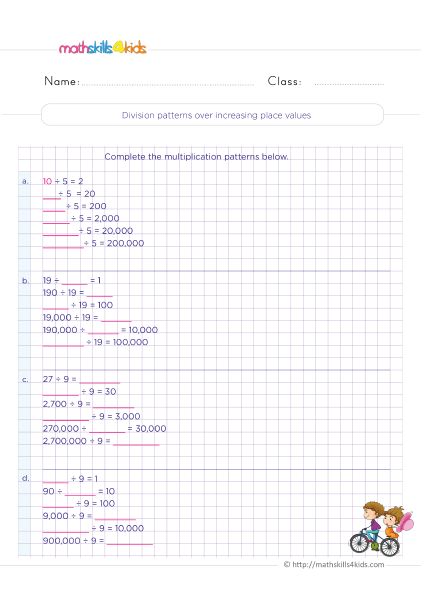 4th Grade Division Worksheets with answers - Division patterns over increasing place values practice